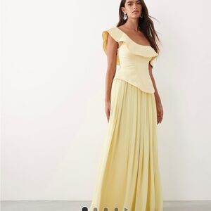 ARRANGE fallen shoulder structured maxi dress with full skirt in lemon yellow